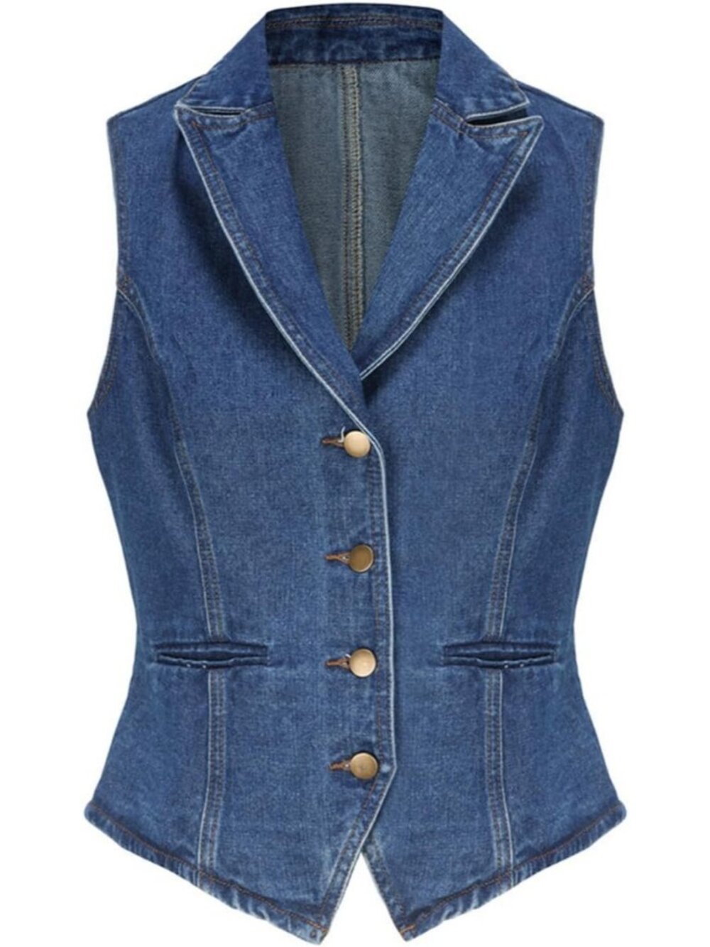 Women's Dark Blue Lapel Denim Vest Sleeveless Business Work Jean Waistcoat Vest